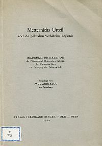 Anderegg, Metternichs Urteil über die politischen Verhältnisse Englands. (Umschlag)