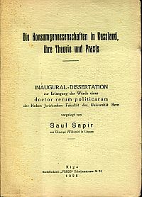 Sapir, Die Konsumgenossenschaften in Russland, ihre Theorie und Praxis. (Umschlag)