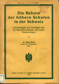 Barth, Die Reform der höheren Schulen in der Schweiz. (Umschlag)