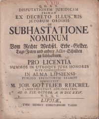 Reichel, Disputationem Juridicam primsm ex decreto illustris Jctorum ordinis Sub (Umschlag)
